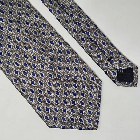 BETTINI HAND MADE SILK TIE SILVER GRAY BLUE DIAMONDS TEXTURED 3.75" X 57" - Picture 1 of 2